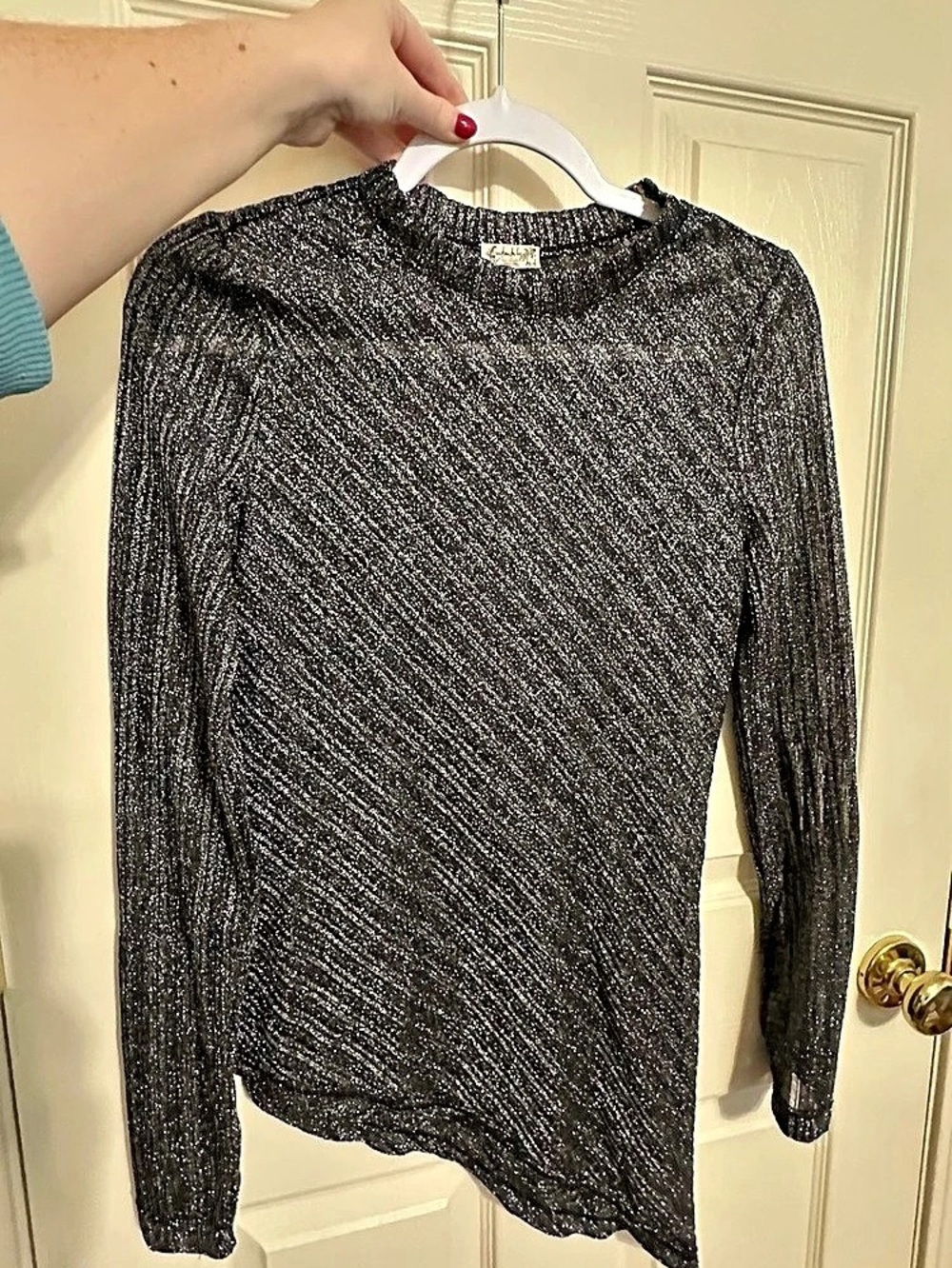 Free People Metallic Long Sleeve Top in Black & Silver Like New